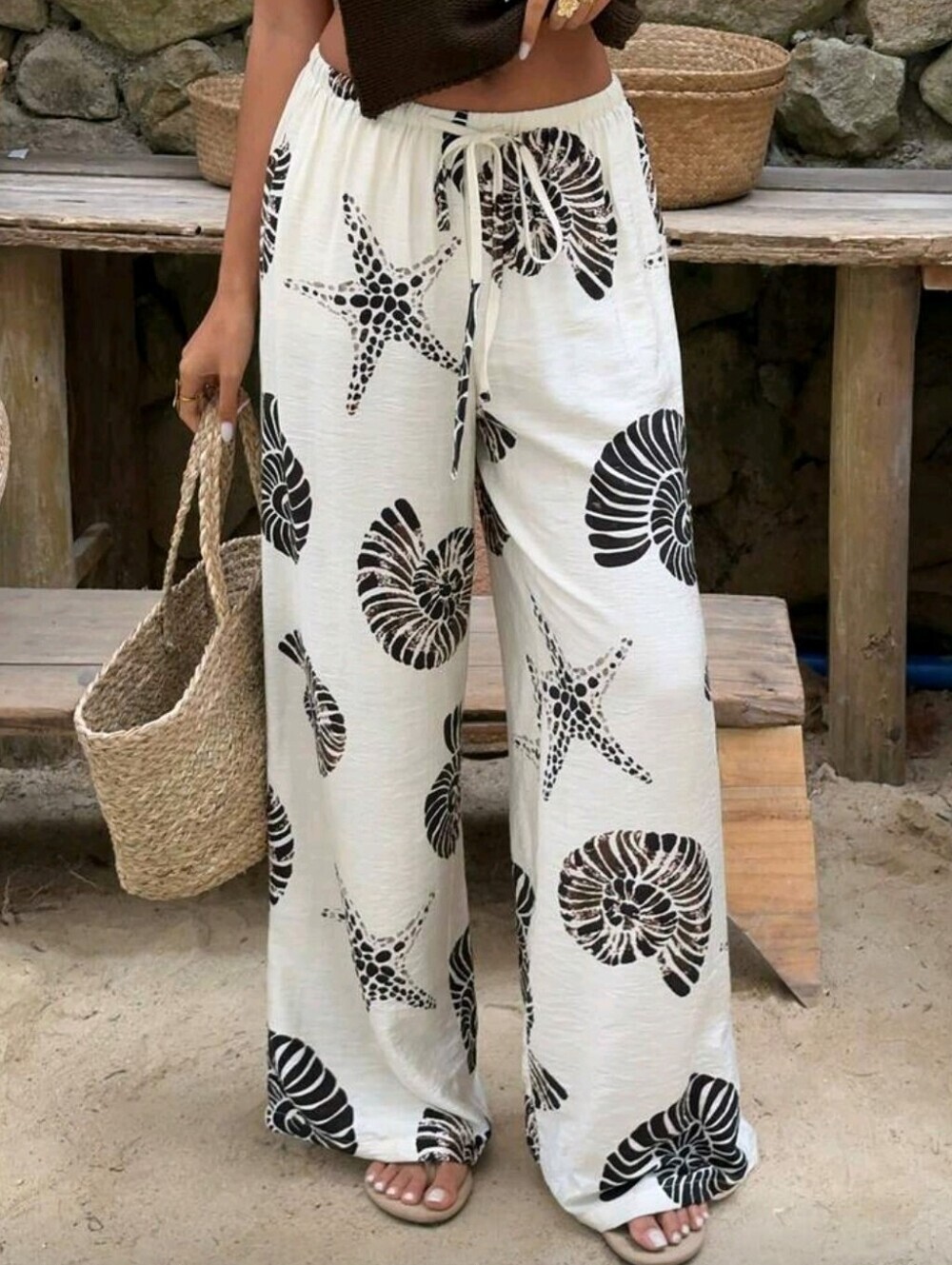 Women's Casual Alt Low-Waist Tie-Up Tropical Ocean Print Wide-Leg Pants